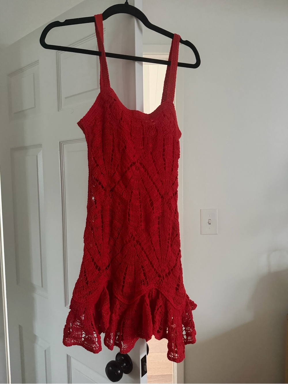 Zara Red Crochet Slip Dress with Ruffled Hem